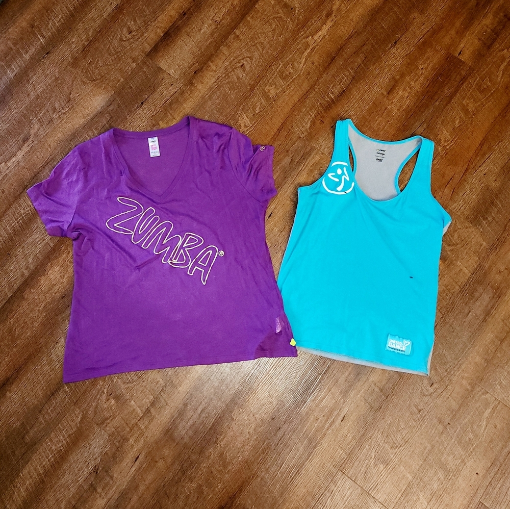 Pair  (2) Zumba Workout Shirts Tee Tank Purple Blue Size XXL